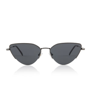dime optics fairfax cat eye sunglasses with a shiny gunmetal frame and solid grey lenses front view