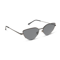 dime optics fairfax cat eye sunglasses with a shiny gunmetal frame and solid grey lenses angled view
