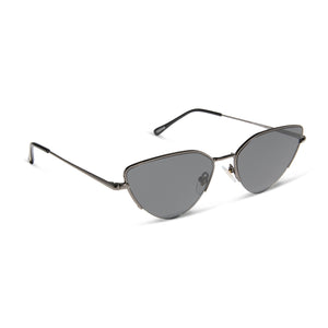 dime optics fairfax cat eye sunglasses with a shiny gunmetal frame and solid grey lenses angled view