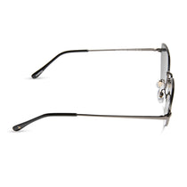 dime optics fairfax cat eye sunglasses with a shiny gunmetal frame and solid grey lenses side view