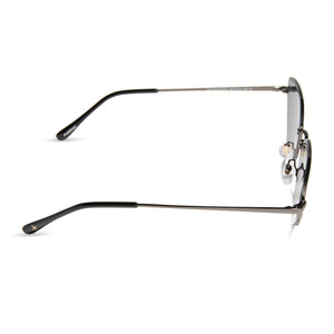 dime optics fairfax cat eye sunglasses with a shiny gunmetal frame and solid grey lenses side view