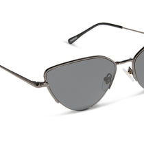 dime optics fairfax cat eye sunglasses with a shiny gunmetal frame and solid grey lenses detailed view