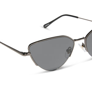dime optics fairfax cat eye sunglasses with a shiny gunmetal frame and solid grey lenses detailed view