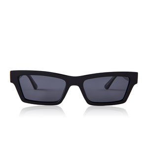 dime optics laurel cat eye sunglasses with a black frame and solid grey lenses front view