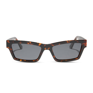 dime optics laurel cat eye sunglasses with a tortoise frame and solid grey lenses front view