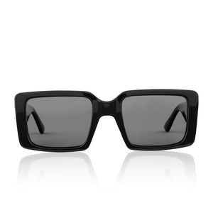 les do makeup x dime optics les do makeup brunch sunglasses with a glossy black frame and grey lenses front view