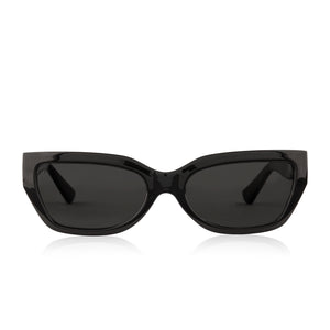 les do makeup x dime optics fiance sunglasses with a glossy black frame and grey polarized lenses front view