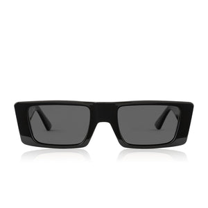 les do makeup x dime optics girls night sunglasses with a glossy black frame and grey polarized lenses front view
