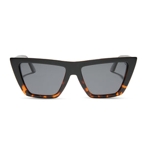 dime optics melrose cat eye sunglasses with a black tortoise frame and solid grey lenses front view