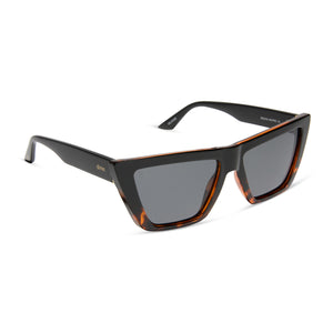 dime optics melrose cat eye sunglasses with a black tortoise frame and solid grey lenses angled view