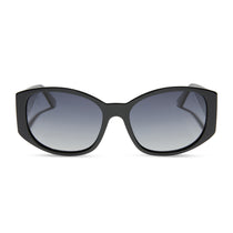 mikayla jane x dime optics powerhouse oval sunglasses with a black frame and grey gradient lenses front view