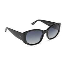 mikayla jane x dime optics powerhouse oval sunglasses with a black frame and grey gradient lenses angled view