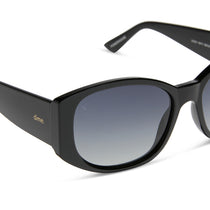 mikayla jane x dime optics powerhouse oval sunglasses with a black frame and grey gradient lenses detailed view