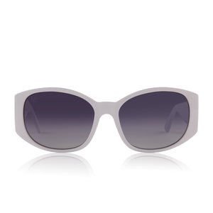 mikayla jane x dime optics powerhouse oval sunglasses with a white frame and grey gradient lenses front view