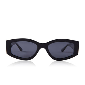 dime optics robertson round sunglasses with a black frame and solid grey lenses front view