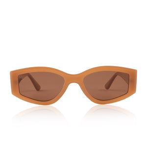 dime optics robertson round sunglasses with a light taupe acetate frame and a solid light brown lenses front view