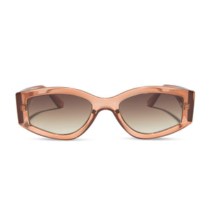 dime optics robertson round sunglasses with a translucent apricot acetate frame and a brown gradient sharp lenses front view