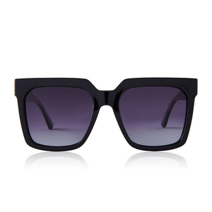 dime optics topanga square sunglasses with a black frame and grey gradient lenses front view