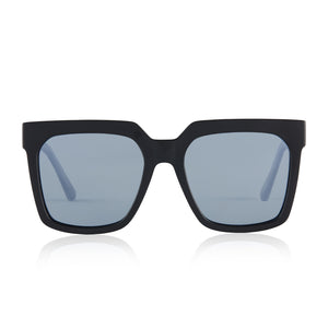 dime optics topanga square sunglasses with a matte black frame and silver mirror lenses front view