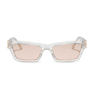 dime optics laurel cat eye sunglasses with a translucent clear frame and rose pink with gold flash lenses front view