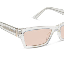 dime optics laurel cat eye sunglasses with a translucent clear frame and rose pink with gold flash lenses detailed view