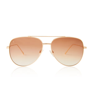 dime optics venice aviator sunglasses with a gold frame and sienna gradient lenses front view