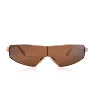 dime optics ventura shield sunglasses with a brushed gold frame and light brown solid flash lenses front view