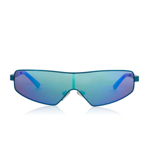 dime optics ventura shield sunglasses with a turquoise frame and turquoise flash lenses front view