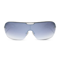 dime optics wilshire shield metal sunglasses with a black frame and grey to clear gradient flash lenses front view