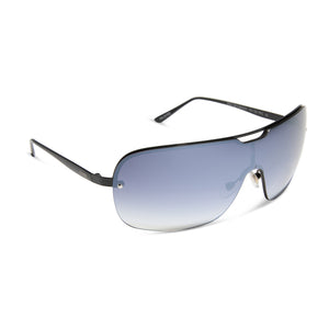dime optics wilshire shield metal sunglasses with a black frame and grey to clear gradient flash lenses angled view