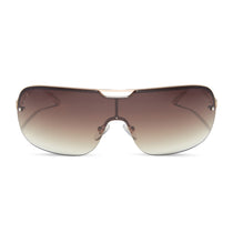 dime optics wilshire shield metal sunglasses with a shiny gold frame and brown gradient sharp lenses front view