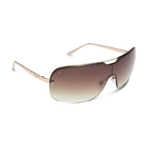 dime optics wilshire shield metal sunglasses with a shiny gold frame and brown gradient sharp lenses angled view