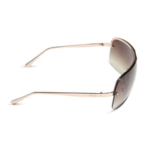 dime optics wilshire shield metal sunglasses with a shiny gold frame and brown gradient sharp lenses side view