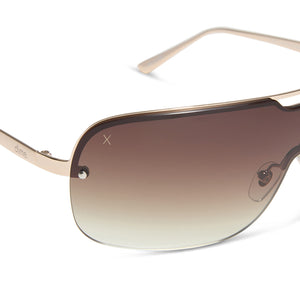 dime optics wilshire shield metal sunglasses with a shiny gold frame and brown gradient sharp lenses detailed view